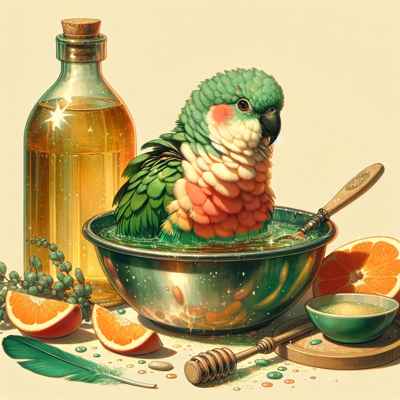 Loro disfrutando de un baño con vinagre de manzana y ingredientes naturales.