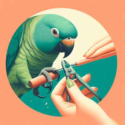 Loro verde recibiendo un corte de uñas con tijeras adecuadas.