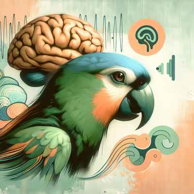 Loro con un cerebro ilustrado, simbolizando su sorprendente memoria y capacidad cognitiva.