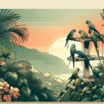 Imagen de loros coloridos sobre un soporte artesanal en un paisaje tropical al atardecer.
