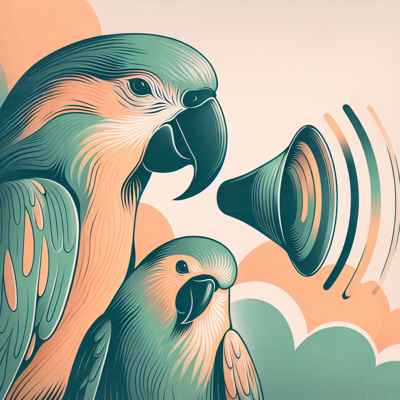 Ilustración de loros y periquitos emitiendo sonidos, simbolizando su comunicación llamativa.