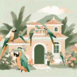 Ilustración colorida de loros en un ambiente tropical junto a una casa pintoresca rodeada de flores.