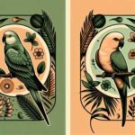 Ilustración contrastante de un loro domesticado y uno salvaje, rodeados de elementos naturales.