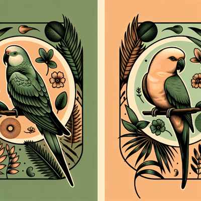 Ilustración contrastante de un loro domesticado y uno salvaje, rodeados de elementos naturales.