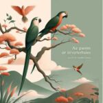 Ilustración de loros posados en un árbol, rodeados de naturaleza, que resaltan su belleza y colorido.