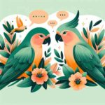 Ilustración de pericos y loros conversando entre flores y hojas.