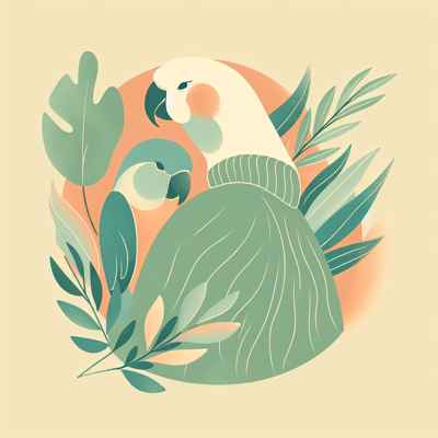 Ilustración de loros posando sobre una figura humana, rodeados de hojas tropicales.