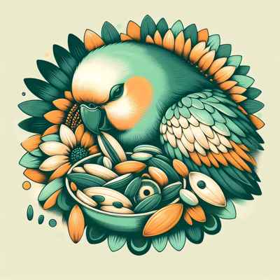 Un loro entre flores de girasol y semillas, simbolizando el peligro de estas para su alimentación.