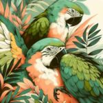 Ilustración colorida de loros entre hojas tropicales que destaca su vibrante plumaje.