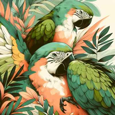 Ilustración colorida de loros entre hojas tropicales que destaca su vibrante plumaje.