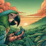 Loro sosteniendo con su pico dañado un pequeño objeto, con un paisaje tropical al atardecer de fondo.