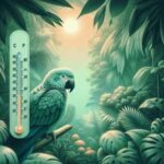 Loro posado entre exuberante vegetación tropical, con un termómetro que muestra la temperatura adecuada para su bienestar.