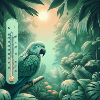 Loro posado entre exuberante vegetación tropical, con un termómetro que muestra la temperatura adecuada para su bienestar.