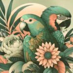 Ilustración vibrante de dos loros entre flores y hojas, representando la diversidad de especies.