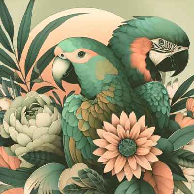 Ilustración vibrante de dos loros entre flores y hojas, representando la diversidad de especies.