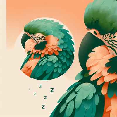 Ilustración de un loro dormido con la cabeza hacia atrás, mostrando su plumaje vibrante y relajado.